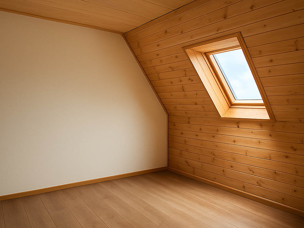 Ausgebautes Dachgeschoss mit Holzverkleidung an Wand und Decke – Innenausbau in hochwertiger Tischlerarbeit